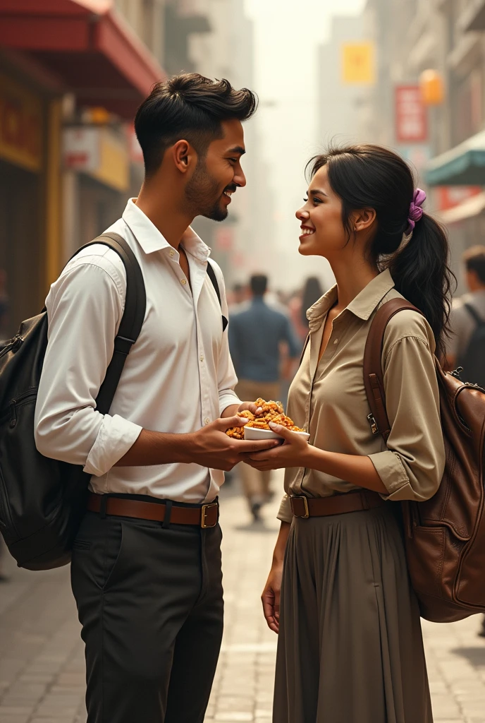 the young husband in white shirt says to his wife to give food to the hungry man