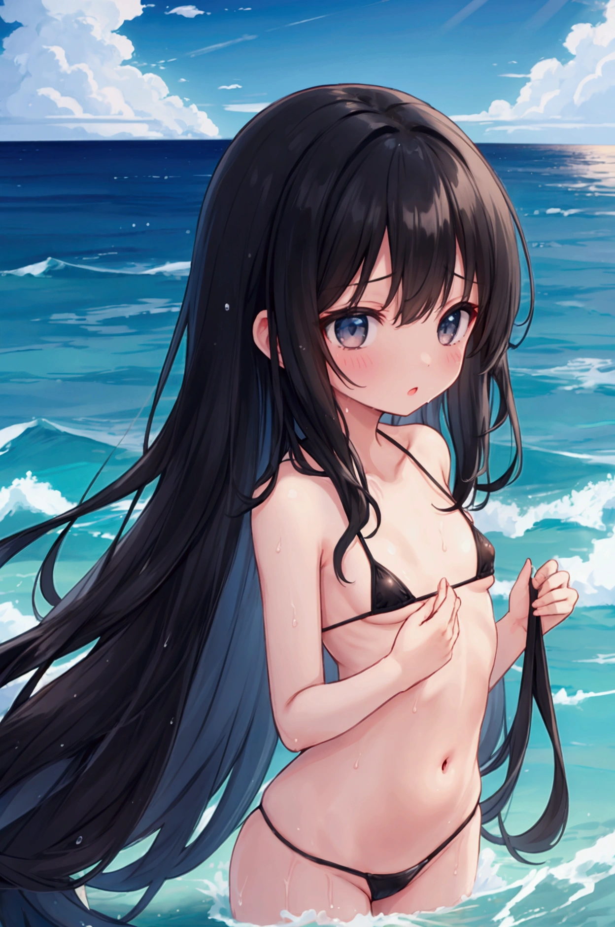 Girl、Long Black Hair、Micro Bikini、Flat Chest、Nipples、Ocean、Wet body