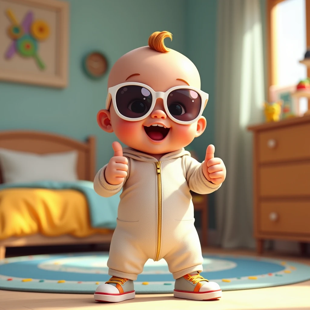 ぐーサインをするイケイケ赤ちゃん: "Draw a lifelike, realistic image of a baby with chubby cheeks, wearing cool, mirrored sunglasses and flashing a thumbs-up with a confident grin. The baby is dressed in a stylish onesie with tiny sneakers, and the background is a colorful nursery with trendy decor, adding to the cool and modern vibe."