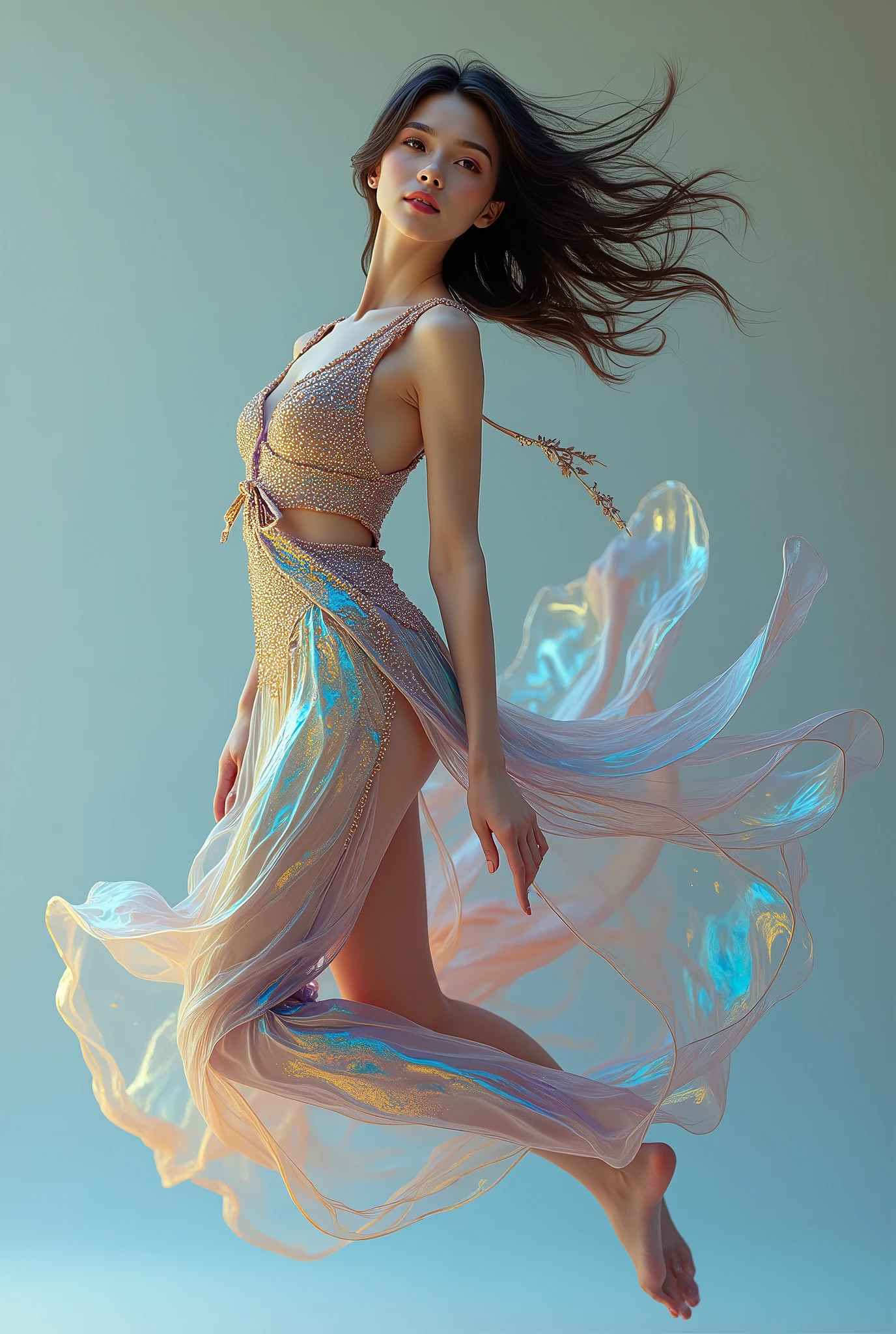 Creat a picture of a beautiful girl wearing best fashionable outfit,make her look like model, wearing best outfit of the year,make the look like it's flowing in air ,make her like hanging in air posing for picture,make her clothes having different colours like fish scales and feather of beautiful mermaid like bird,make it mythical with more vibrant colours