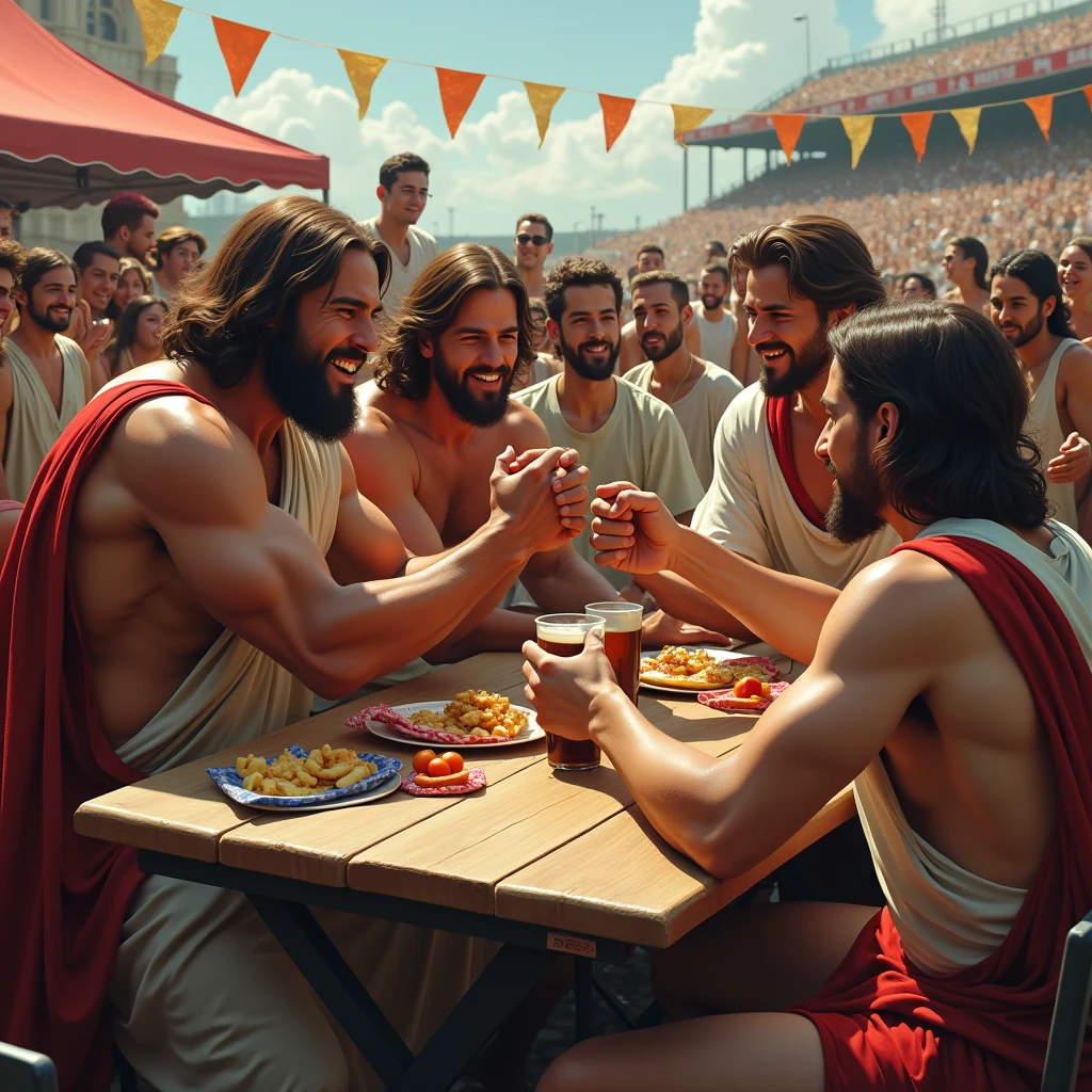 Jesus arm wrestling disciples at a tailgate party, photo realistic