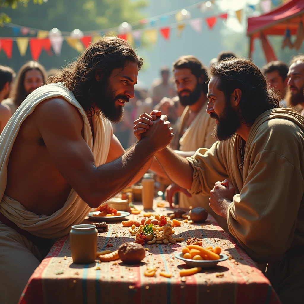 Jesus arm wrestling disciples at a tailgate party, photo realistic