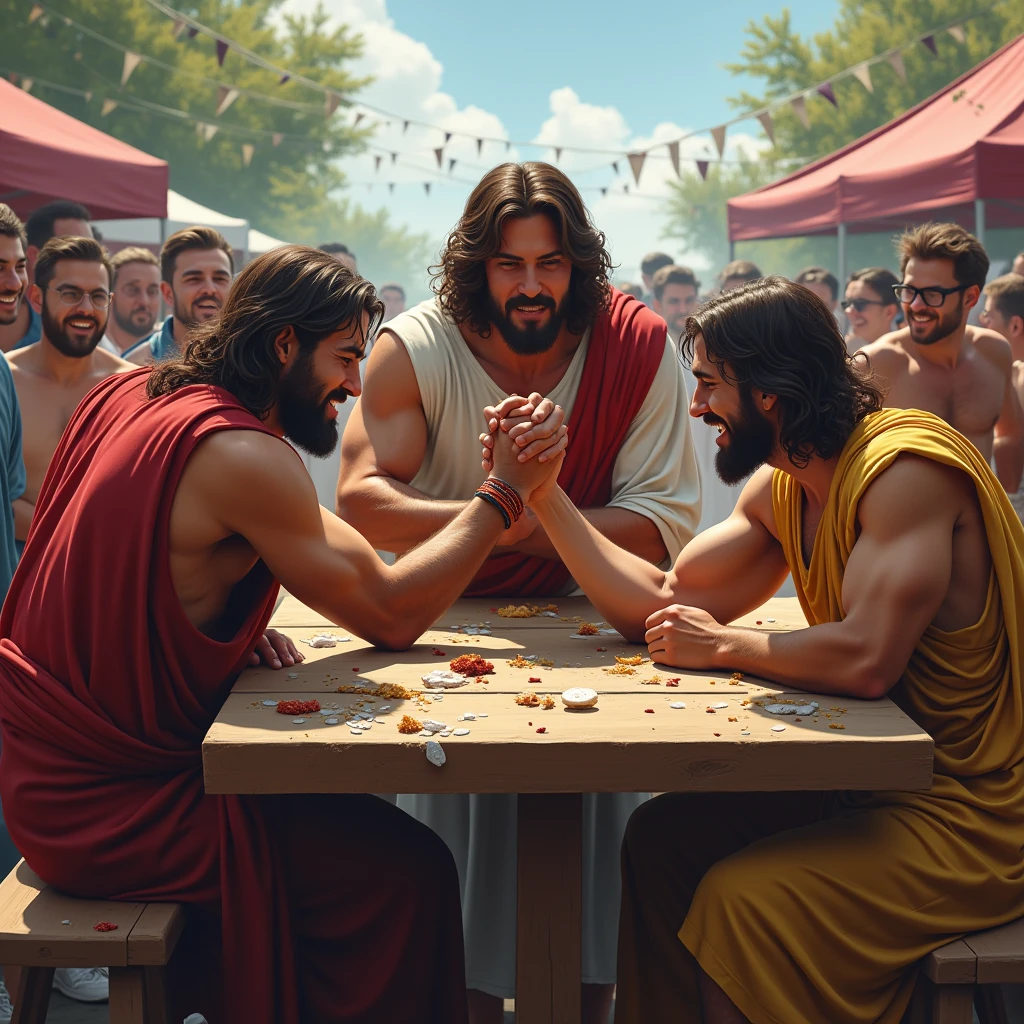 Jesus arm wrestling disciples at a tailgate party, photo realistic