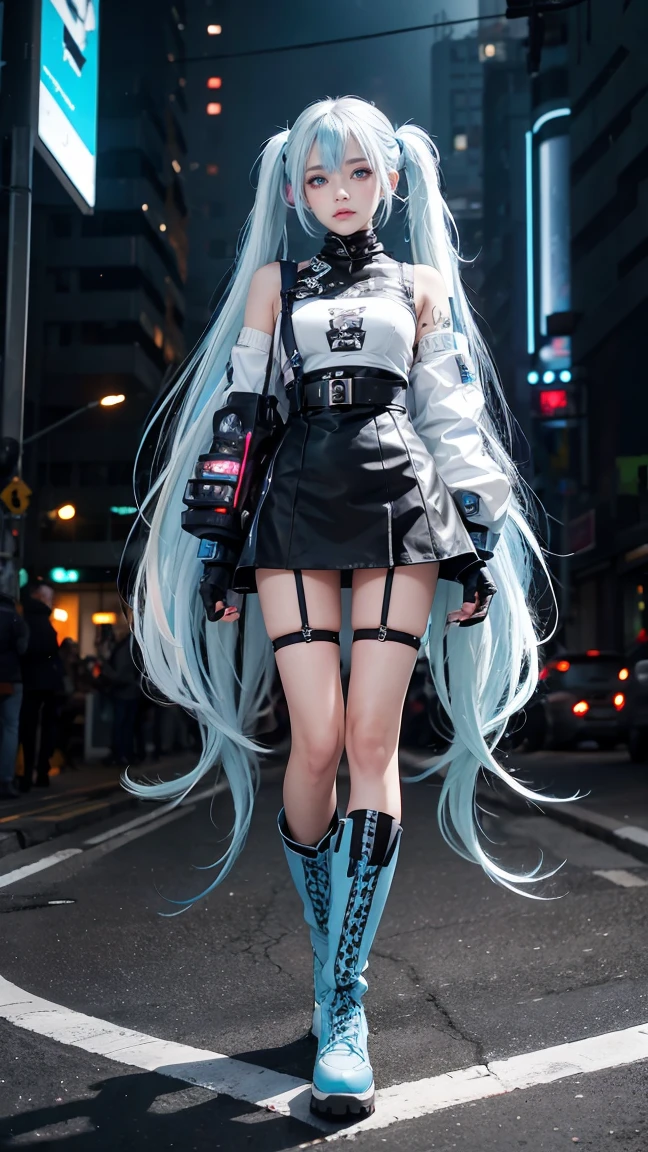 german_fashion, 1 girl, tattoo, drill, Heterochromia, Twintail, white_hair, light blue_hair, cyberpunk, colorful, Long boots, glove
