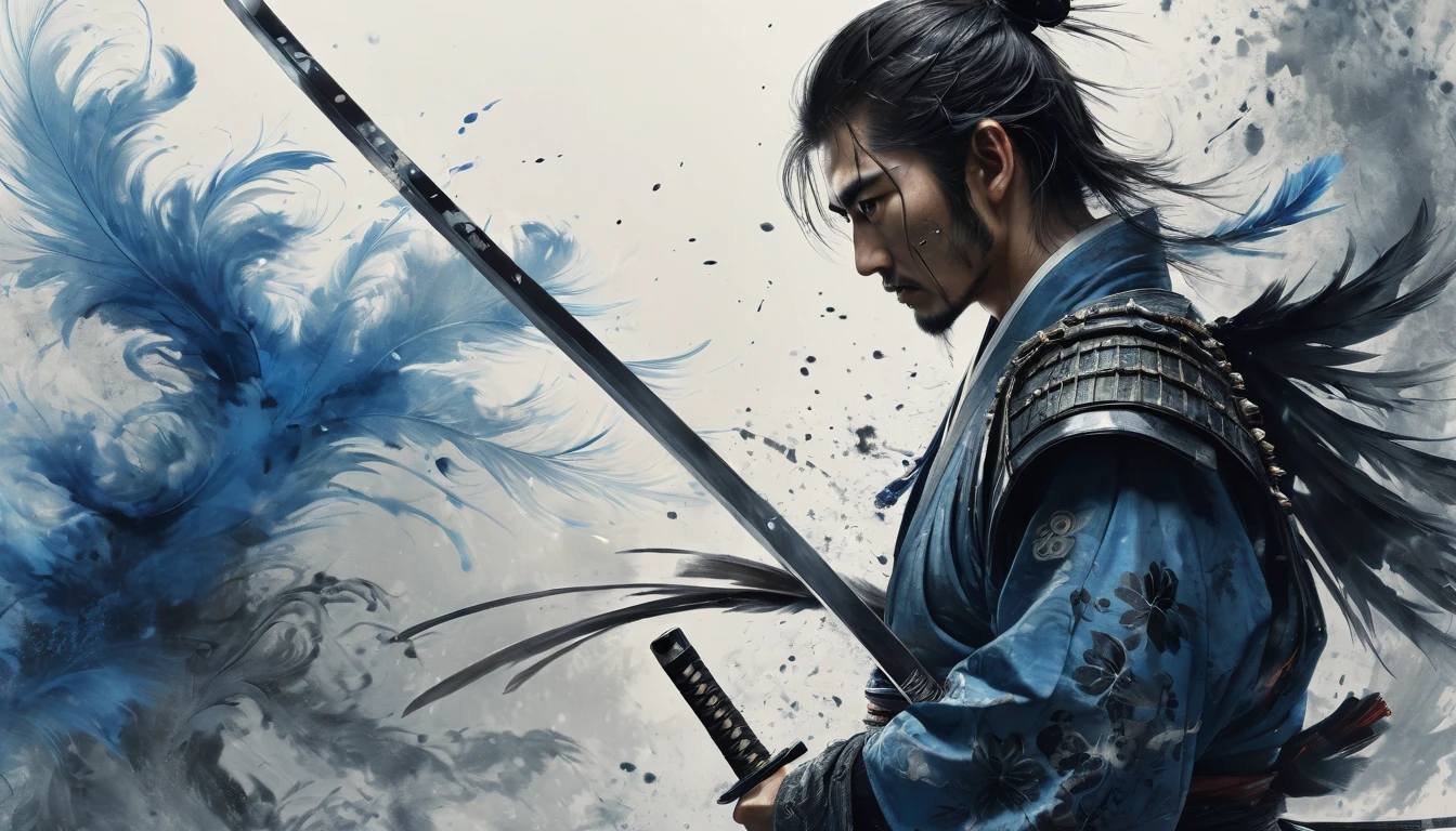 a realistic poster of a young agile and short male samurai, with a pair of wakizashi, with black hair in a bun, his white and blue clothes and armor, decorated with air and feather motifs., dark mood ::2 multi-layered compositions, uhd image intricate patterns and details ::1 dramatic ilumination, Chinese ink, wash technique, a katana very detailed, splatter ink, black and white, black and white still, digital Art, perfect composition, beautiful detailed intricate insanely detailed, octane render trending on artstation, 8 k artistic photography, sumi-e concept art, soft natural volumetric cinematic perfect light, chiaroscuro