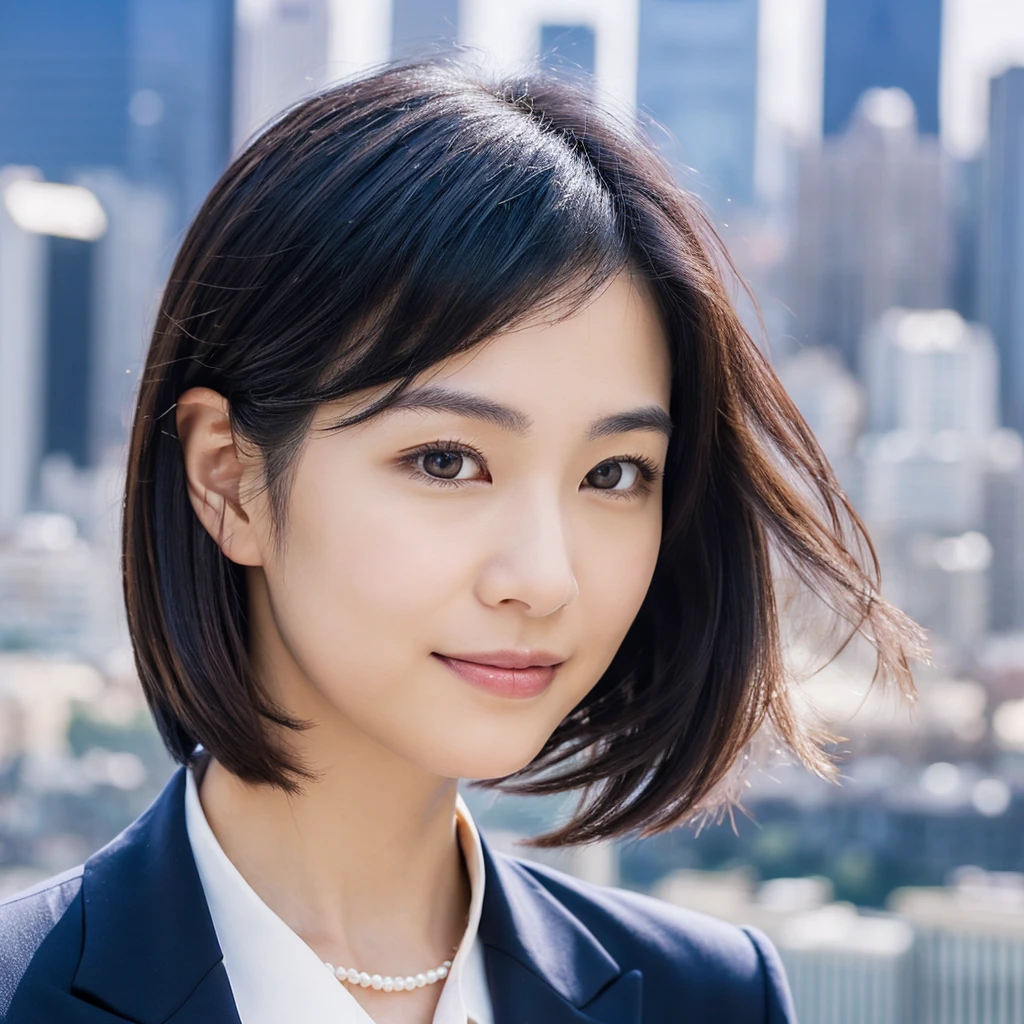"Professional headshot of a Japanese female CEO in her 20s, slight asymmetry,perfect oval face, confident almond eyes, high cheekbones, small nose, full lips with a poised smile, sleek shoulder-length black hair, wearing a tailored navy blue suit and pearl necklace, city skyline in background,Slightly tousled hair"