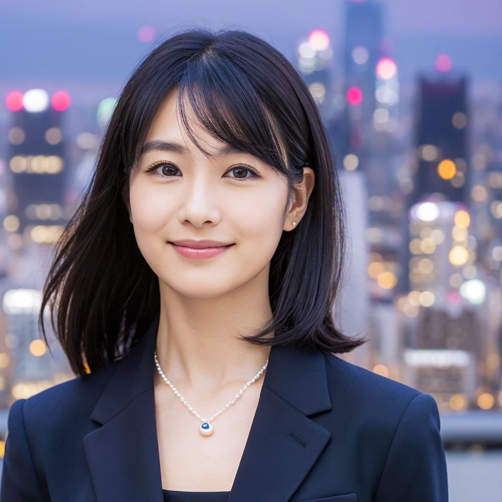"Professional headshot of a Japanese female CEO in her 20s, slight asymmetry,perfect oval face, confident almond eyes, high cheekbones, small nose, full lips with a poised smile, sleek shoulder-length black hair, wearing a tailored navy blue suit and pearl necklace, city skyline in background,Slightly tousled hair"