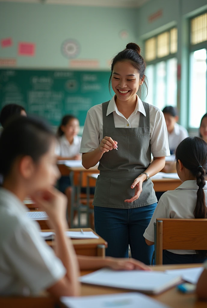 Realistic images of 19 Thai teachers, both male and female, aged from 35-5, at a secondary school with 195 male and female students. Teachers are teaching students, some teaching Math, some teaching Physical Education, some teaching English, some working part-time after not teaching, happily working in the classroom.