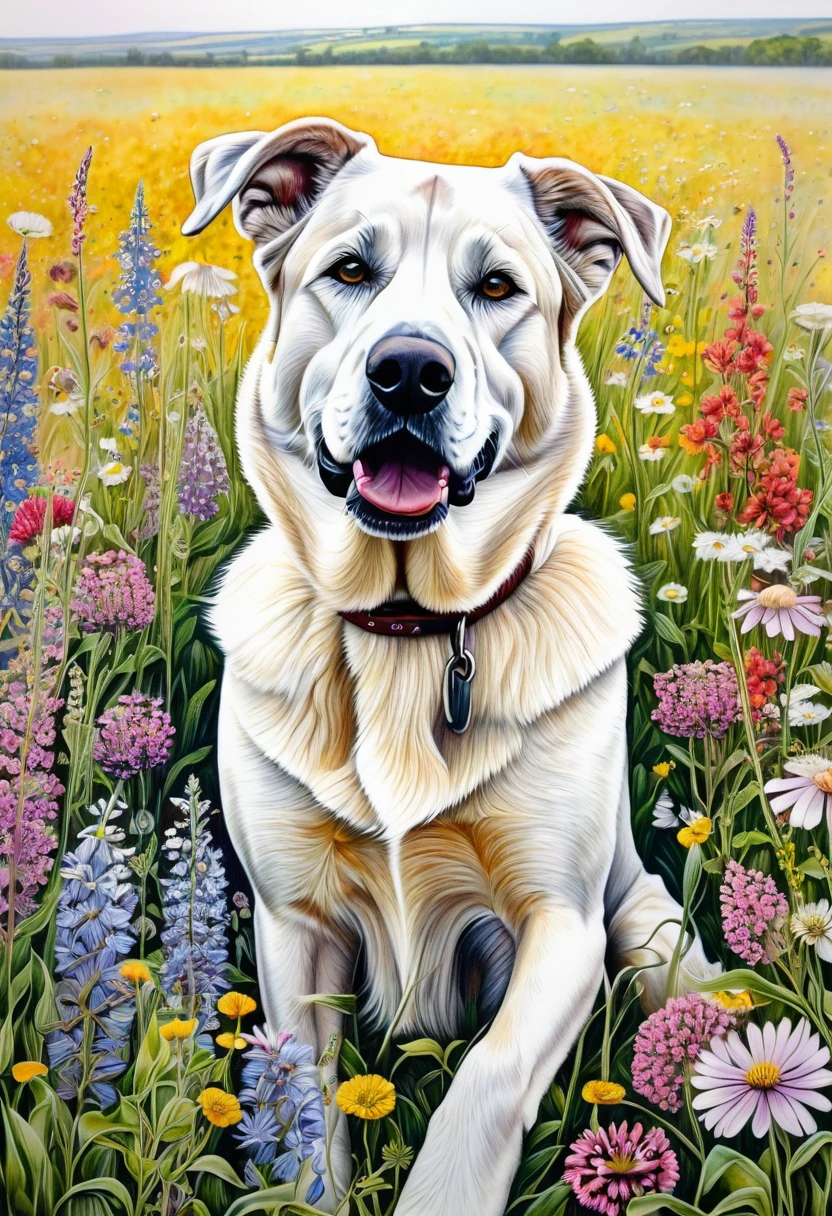 coloured pencil drawing on paper, big alabai dog sitting in a field of flowers, in a field of flowers, Heidi, in a field with flowers, stunning sight, all in flowers, wildflowers, photo, lots of flowers, beautiful!, Smokey, sitting with flowers, full of flowers, of wildflowers, flowers around, by Theresa Nielsen
