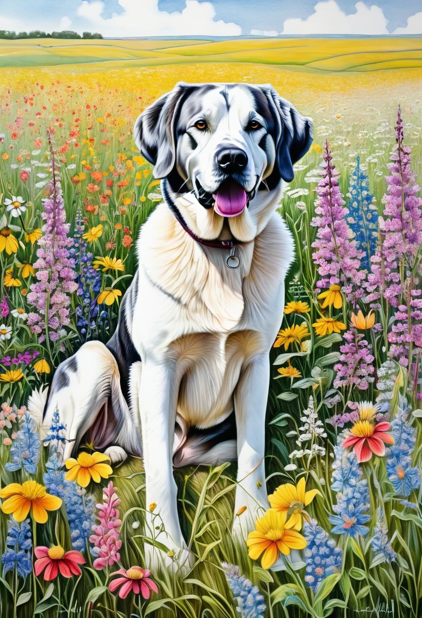 coloured pencil drawing on paper, big alabai dog sitting in a field of flowers, in a field of flowers, Heidi, in a field with flowers, stunning sight, all in flowers, wildflowers, photo, lots of flowers, beautiful!, Smokey, sitting with flowers, full of flowers, of wildflowers, flowers around, by Theresa Nielsen