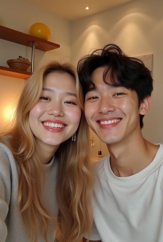 Yoona with long blonde hair is taking a selfie with Jungkook in the room