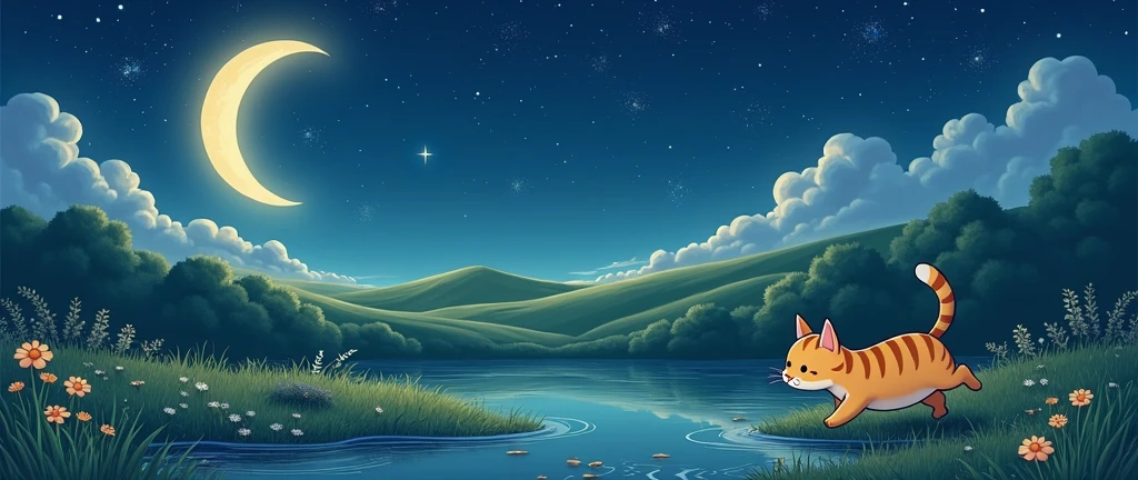 One summer night,there were stars in the sky. hand drawn style,masterpiece,best quality, Kawaii Cat Studio Ghibli Inspired