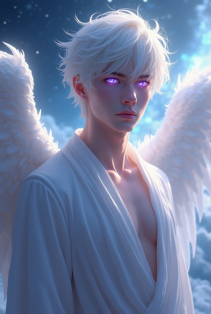 An angel man of , with short messy white hair and also purple eyes,