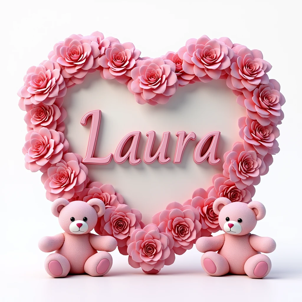 word "Laura" writing with realistic font , surrounded by realistic flowers and pink teddy bears. Background is png.  3D rendering, cinematic