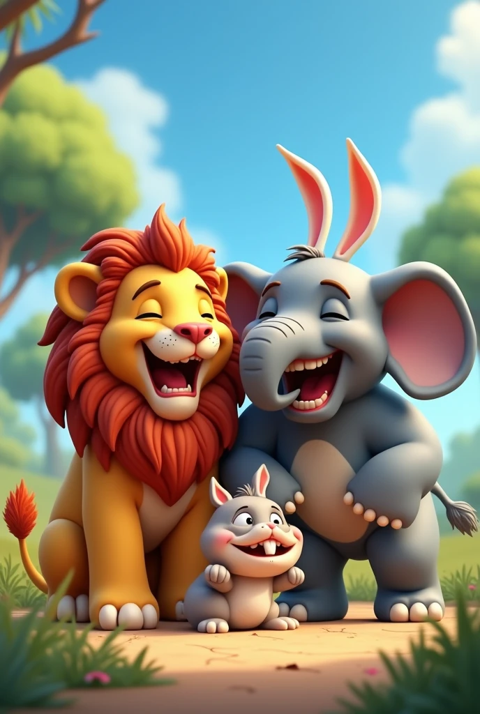 In 3d animation style"The lion and elephant, initially angry, suddenly burst into laughter along with the rabbit, all three friends rolling on the ground, laughing together"