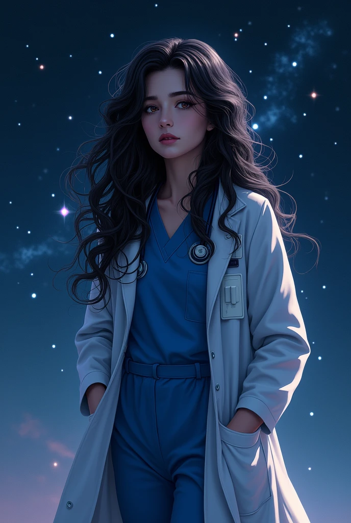 A very dark-haired woman with brown eyes and long curly hair in a doctor's uniform, the brightness of distant stars