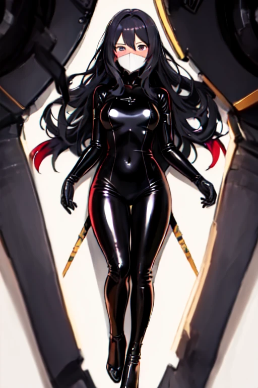 1girl, focus on the face, ONS, lying, looking the viewer, OTN, black shiny, latex skin, latex catsuit, latex bodysuit, black latex, beautiful adult woman, high elf, long hair, black hair, colored inner hair blue, amber eyes, suit cover chest, arms tied behind her back, Ultra Quality, Masterpiece, Ethereal,Ultra-Detailed,8K, inside spaceship background, serious expression, blush, divine presence, breathtaking beauty, vivid colors reflects