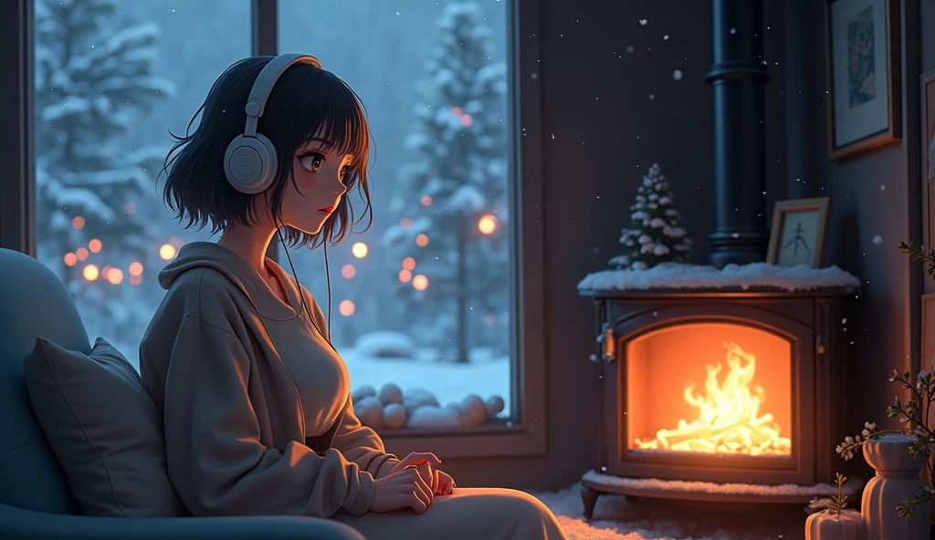 Perfect image, 8k, night、winter、Snow outside the window、high school girl、 Big Breasts、Using headphones、fireplace、 2D-style animation, Lo-Fi、Retro、Emotional、Anime style illustrations