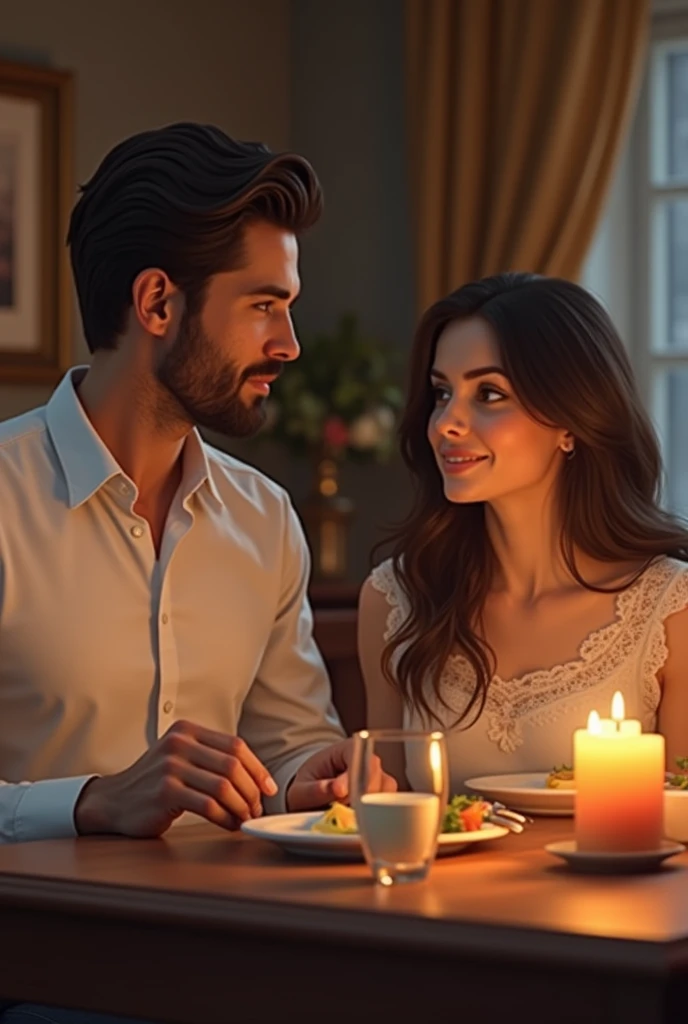 the young husband in white shirt says to his wife to give food to the hungry man while sitting on the dinner table