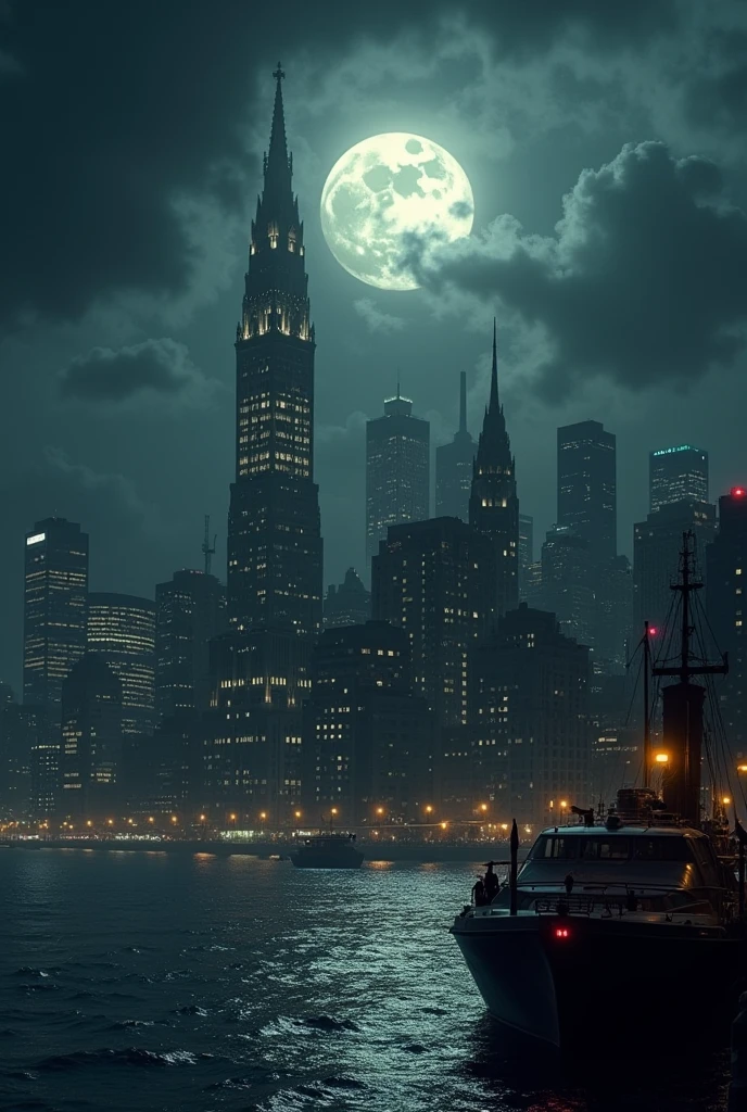 Gotham city skyline, night, full moon, Gotham city viewed from across the harbor, buildings lit up, Gothic architecture, tall spires, Anton Furst style, Batman 1989 Gotham, clouds in the sky, dark night, wide angle lens, New York 1940, art deco buildings, landscape, 16x9
