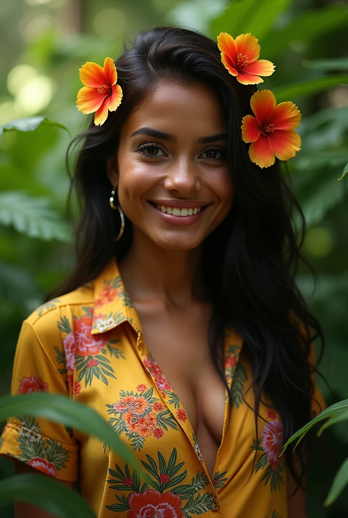 A Brazilian woman in a lush tropical garden, wearing an open shirt with a floral print, with a close-up capturing the harmonious beauty between her breasts and the natural flowers, showing off your natural charm and outgoing personality.