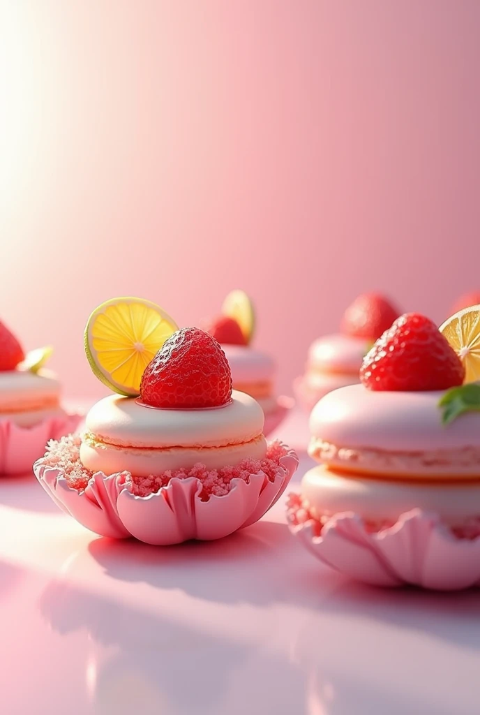 Flower-shaped macarons filled with fresh cream and fresh fruit