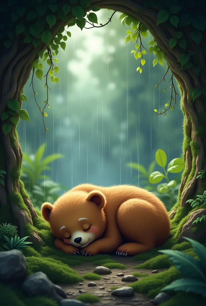 Fantasy sleeping little bear。Lying in a cave in heavy raastic rainy forest。