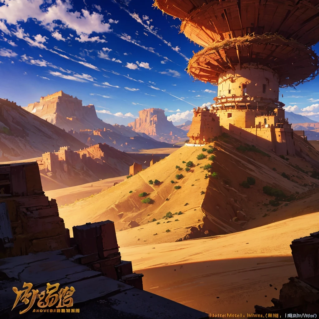 aerial view of a very medieval desert cornucopia, with houses on hills, cinematic lighting, god rays, anime style, UHD, masterpiece, accurate, high quality, highres
