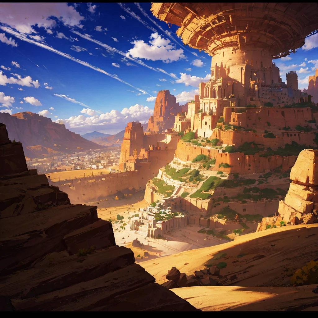 aerial view of a very medieval desert cornucopia, with houses on hills, cinematic lighting, god rays, anime style, UHD, masterpiece, accurate, high quality, highres