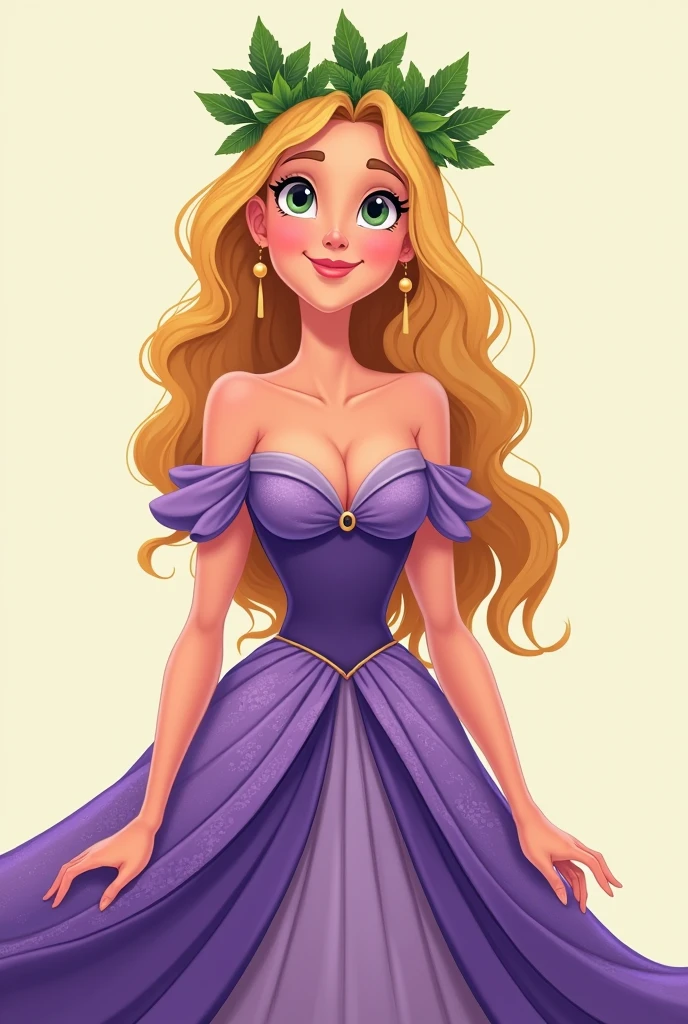 Create a drawing of a cartoon style woman from the hip up wearing a purple dress and long blonde hair and wearing a crown of leaves