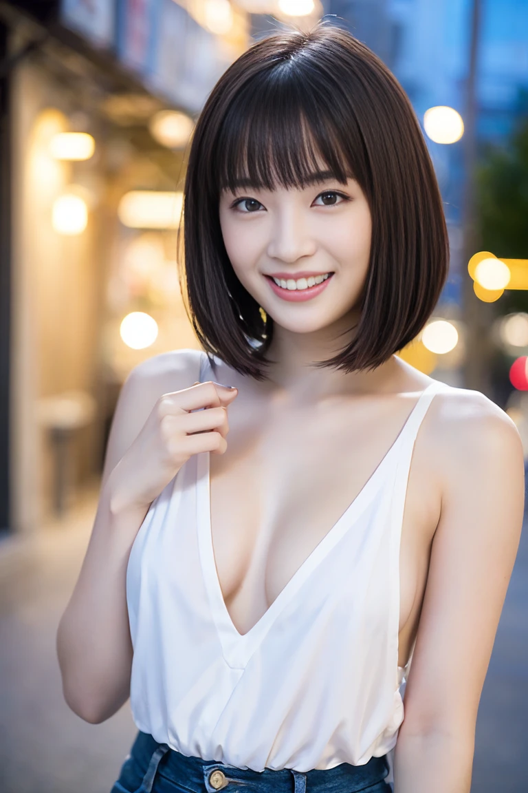 (Realistic、photo Realistic:1.3)、1 girl、2、(Bob Hair, Shortcuts, Brown Hair), (Change of clothes: 1.2),  panties, Night Street、 (Browsing Caution:1.3), Beautiful Skin, blush, Grinning face、Very detailed、super high quality、Upper body naked、Flat Chest、Nipples