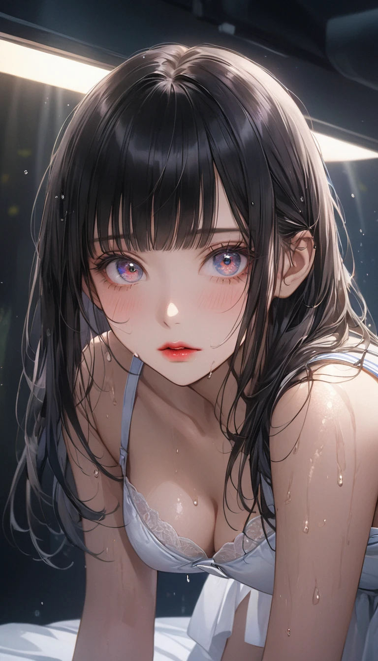 Blunt bangs,Black Hair,(((white&length))),Appearance , (beautiful girl: 1.3),One Girl,Highest quality,8k,Highly detailed CG unit wallpaper,masterpiece:1.2,Highest quality,Ultra-high resolution,RAW Photos,Realistic textured skin,Cinema Lighting,Shining Eyes,Big eyes,Detailed eyes,Sweat,Watery eye,,(Beautiful glossy lipstick,Perfect Makeup,Ultra-high definition beauty face,(Look at the beautiful shape of her ass, Very big and round),Sensual,(Stick your butt out),blush,(white garter belt:1.2),Hospital beds,(From behind:1.8), (Gazing into the distance:1.3),(((On all fours))),Sailor suit