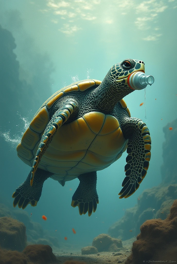 Drawing of a turtle swimming sideways in terror with a plastic bottle in its mouth