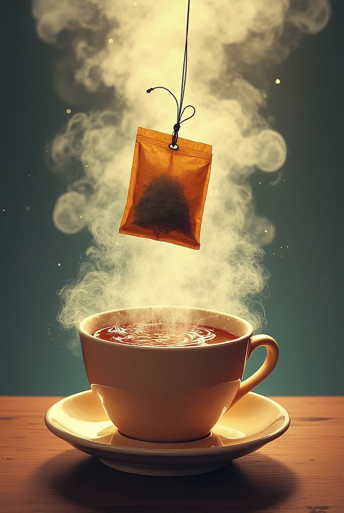Drawing of a tea bag that fell abruptly into a tea cup with boiling water from an even more high-angle view