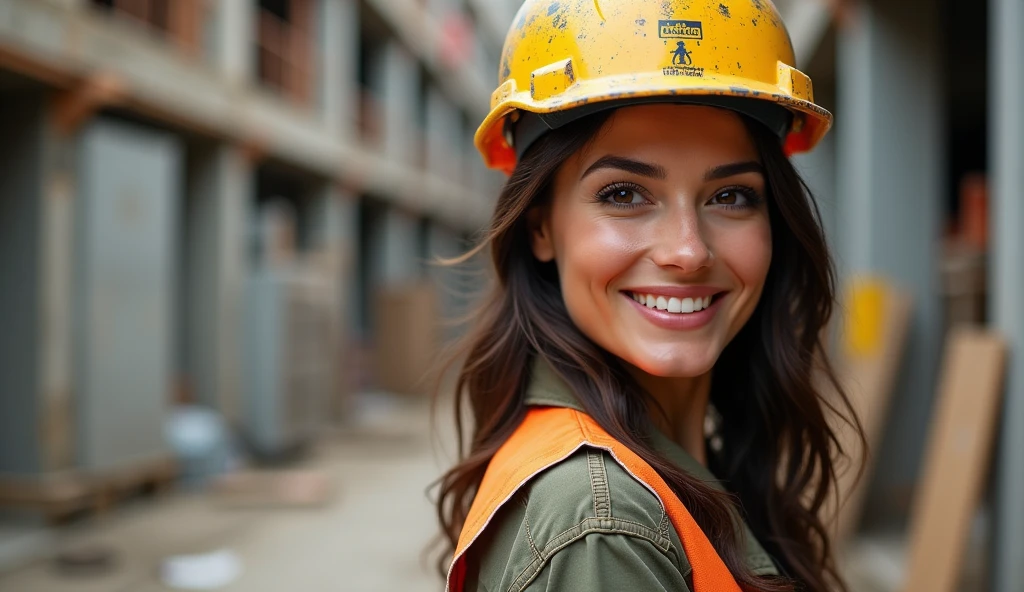 Beautiful Spanish woman, She is an engineer and is on the construction site,wearing work clothes that make her look extremely beautiful and a construction helmet, extremely detaild, photoshot_\( ultra\), photoshotrealisitic, realisitic, Post-processing, Maximum details, roughness, real-life, ultrarealisitic, photoshotrealism, photoshotgraphy, 8k hd, photoshotgraphy