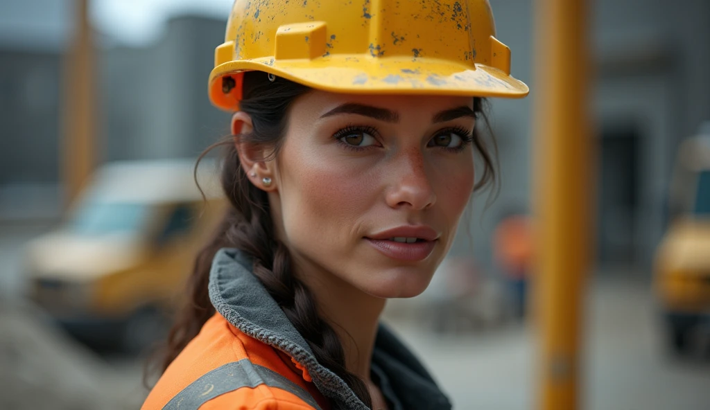 Beautiful Spanish woman, She is an engineer and is on the construction site,wearing work clothes that make her look extremely beautiful and a construction helmet, extremely detaild, photoshot_\( ultra\), photoshotrealisitic, realisitic, Post-processing, Maximum details, roughness, real-life, ultrarealisitic, photoshotrealism, photoshotgraphy, 8k hd, photoshotgraphy