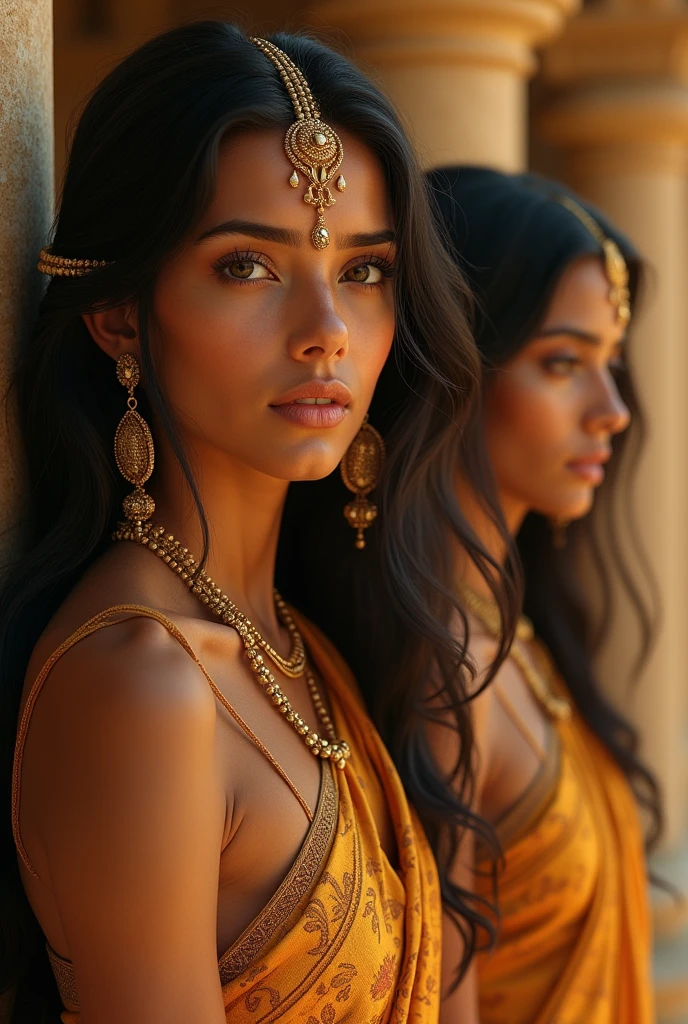 Sigiriya beautiful women, golden yellow skin,long well dressed hair, close