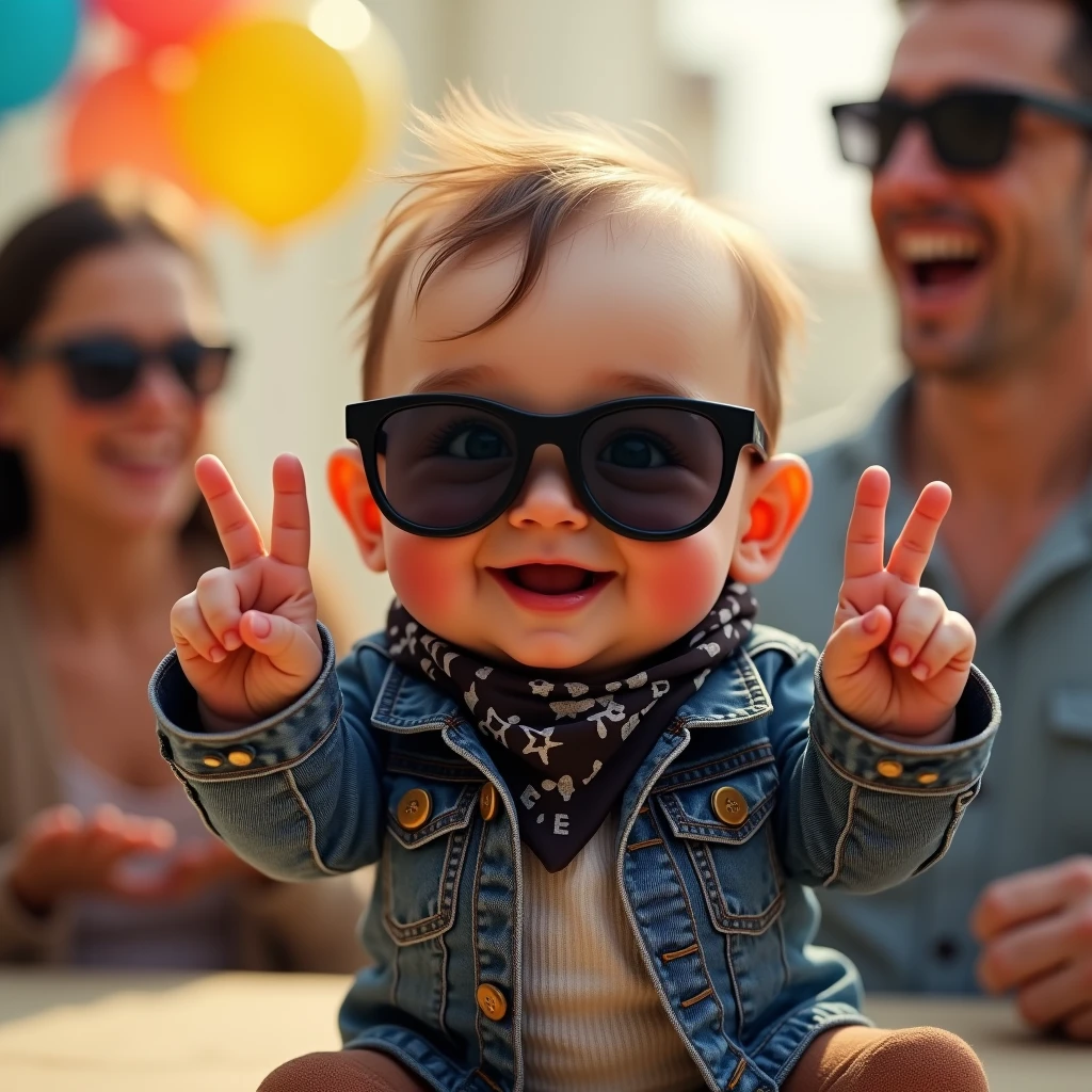 ピースサインをするイケイケ赤ちゃん: "Create a realistic image of a  with a cheeky smile, wearing dark, wraparound sunglasses and flashing a peace sign with its tiny fingers. The babydressed in a mini denim jacket and a bandana, exuding a rockstar vibe. The background is a lively family gathering with balloons and laughter, enhancing the fun and carefree atmosphere."