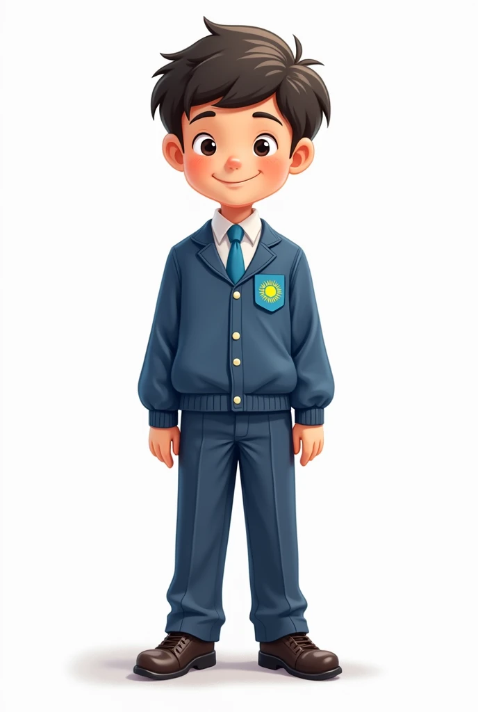 ((officially)) ((masterpiece)) ((Best quality)) ((detailed)) cartoon boy schoolboy in school uniform with emblem flag of Kazakhstan on pocket on white background in full growth