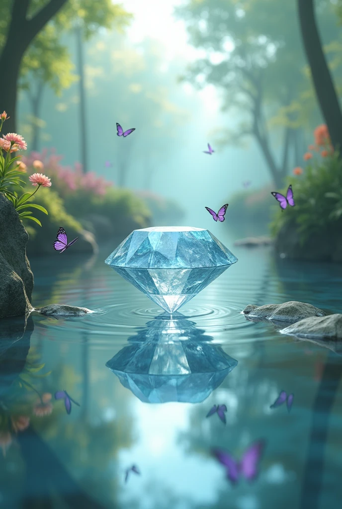 A Diamond in the water of a beautiful place, Magic place, ultra highly detailed, high qualiy, pastel colours, High definition, Magic place, with butterflies, subdued colors. 4K