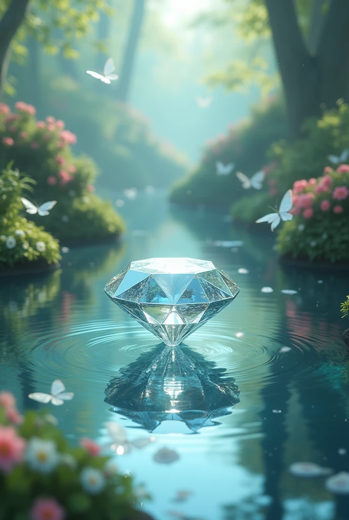 A Diamond in the water of a beautiful place, Magic place, ultra highly detailed, high qualiy, pastel colours, High definition, Magic place, with butterflies, subdued colors. 4K