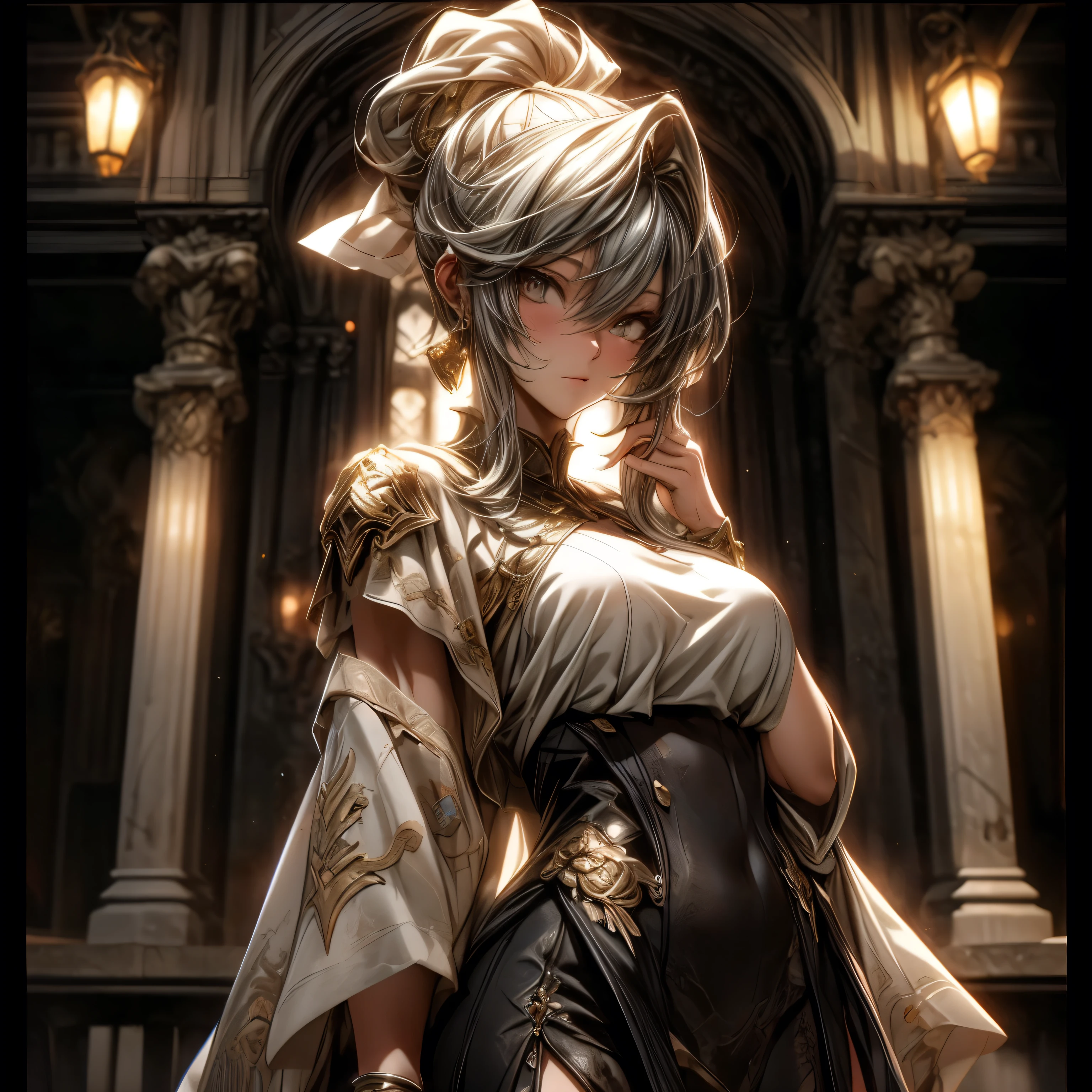 (best quality)), ((Masterpiece)), (details:1.4), 3d, HDR (high dynamic range), an image of a beautiful cyberpunk female, medieval, Black hair, High ponytail, Full body, Beautiful white eyes, จมูกโด่ง, ปากแดง, หน้าอกใหญ่, nvidia RTX, PBR surface, After processing, Anisotropic filtration,depth of field, Maximum clarity and clarity, multi-layered surface, Subsurface scattering, perfect proportions, 8K raw files, ultra detailed, Perfect proportions, volumetric lighting, soft lighting, Holy Paldin, Heavy Silver Armor, Golden dress, glossy skin, intricate Silver embroidery, Castle background, jewely, ต่างหู, นิ้วมือสมบูรณ์, mini Red skirt,