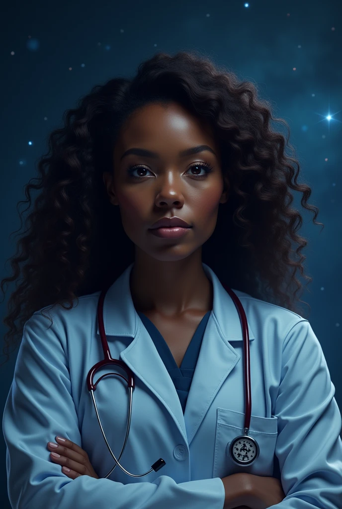 A black woman with brown eyes and long curly hair in a doctor's uniform, the brightness of distant stars