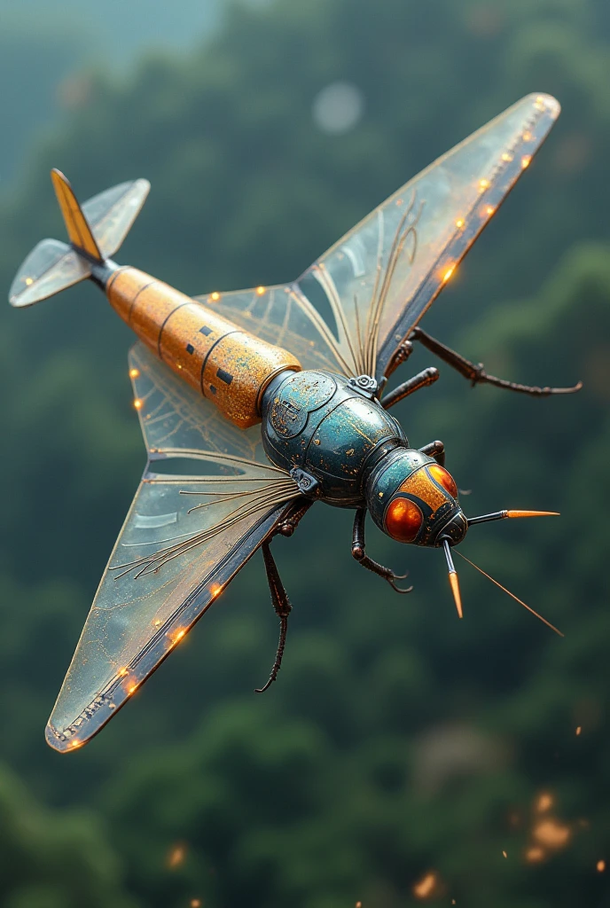 a creature that combines the precision of a mechanical ingenuity with the grace of an insect. It has a long, thin body, divided into sections as if designed by an engineer. Its structure is aerodynamic, with a narrow waist that joins its parts, forming an elegant and efficient silhouette for flight. The wings, translucent and delicate, are reminiscent of those of a machine designed to fly through the sky, capturing light and wind with the precision of a work of engineering. The patterns on its exoskeleton are bright and eye-catching, as if painted with metallic colors that shimmer in the sun, evoking the image of a modern fuselage.
At the front, two long, segmented antennas extend like navigation instruments, while its large compound eyes appear to scan the environment with the efficiency of radar. At the back, a sharp stinger protrudes, similar to the tail of an aircraft, designed for both defense and precise maneuvering in its surroundings. This being is a perfect fusion of nature and technology, flying through the skies with the same ease with which an airplane cuts through the clouds.
