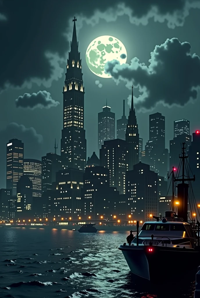Gotham city skyline, night, full moon, Gotham city viewed from across the harbor, buildings lit up, Gothic architecture, tall spires, Anton Furst style, Batman ???? Gotham, clouds in the sky, dark night, wide angle lens, New York 1940, art deco buildings, landscape, 16x9