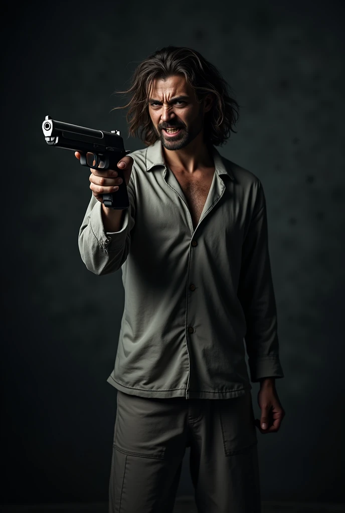 A man wherein pajama with dark background and hold a gun full angry mood and his hair is long and his girlfriend