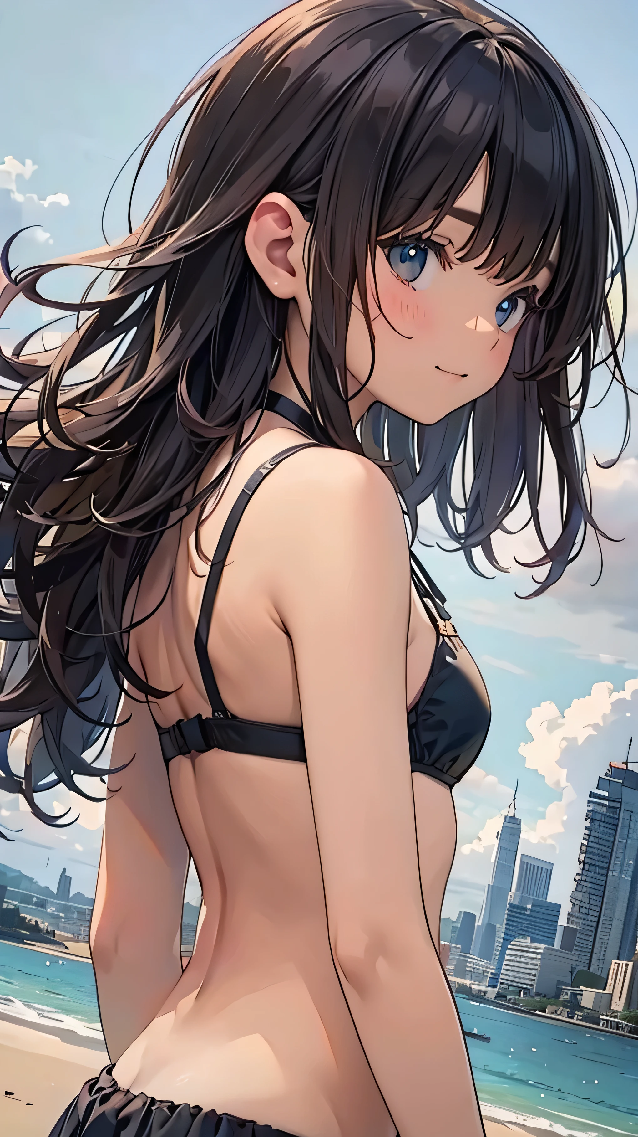 Official Art, wallpaper, Very detailed, (((Very detailedな目と顔))), Realistic portraits, (Highest quality, masterpiece, High resolution), (High resolutionスキン: 1.2), 8K Ultra HD, Backlight, Background Blur, smile, One Woman, Woman in bikini, Strong sunlight, Sparkling blue sea beach, In the distance, European cityscapes look small and dim, sunny, Summer sunshine, Wet Skin, Flat chest, Sandy Beach, low length, Dynamic Angle, very young