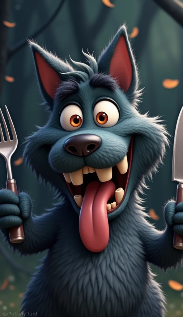 A hand drawn whimsical, cartoonish furry black dog with large, expressive orange eyes, and exaggerated facial features with canine teeth, long jaw, stands with a mischievous, wide-eyed grin, holding a fork in one hand and a knife in other hand and matching the exact expression as the (reference image:1.4). The fox's fur is dark black with tufts of fur adding texture and character. Its mouth is open wide with a comically large tongue sticking out, adding to its playful and mischievous appearance. The overall style is highly detailed with a touch of (hand-painted quality:1.4), focusing on exaggerated expressions:1.3, vibrant colors, and a humorous, light-hearted mood. The background is a softly blurred, dark-toned forest with hints of light filtering through the trees, adding to the magical and whimsical atmosphere.