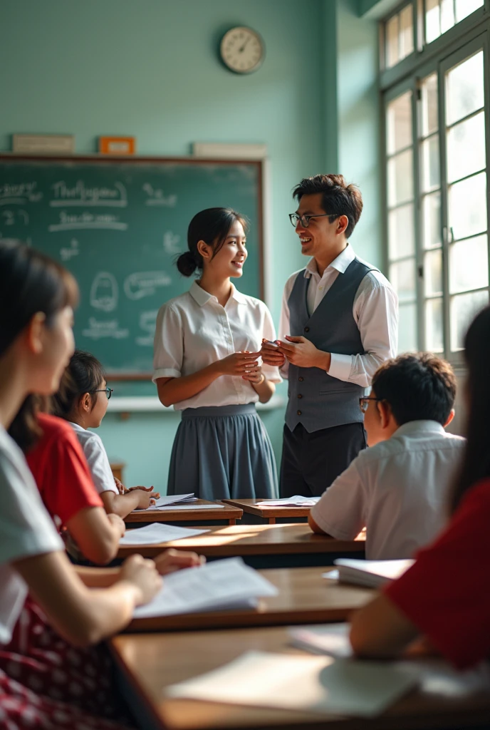 Realistic images of 19 Thai teachers, both male and female, aged from 35-5, at a secondary school with 195 male and female students. Teachers are teaching students, some teaching Math, some teaching Physical Education, some teaching English, some working part-time after not teaching, happily working in the classroom.