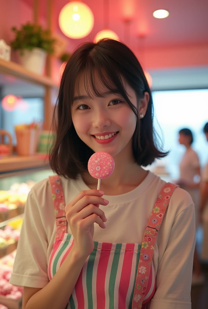 Realistic image of a beautiful Korean woman, 20 years, straight hair side bangs, standing enjoying a lollipop, smile facing forward, Japanese candy shop restaurant atmosphere, 8k, HD